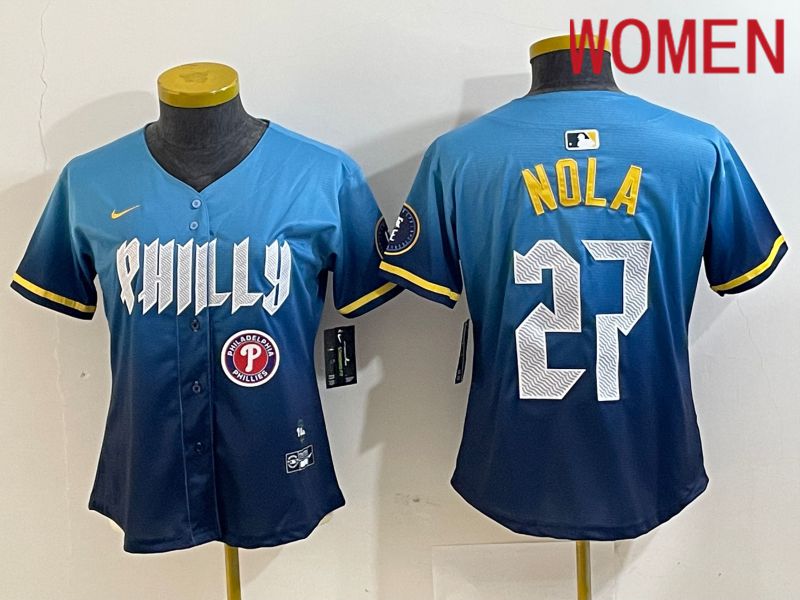 Women Philadelphia Phillies 27 Nola Blue City Edition Nike 2024 MLB Jersey style 2